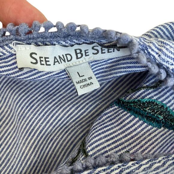 See And Be Seen Sz L Floral Embroidered Maxi Dress Striped Smocked Waist Beachy - Picture 13 of 16